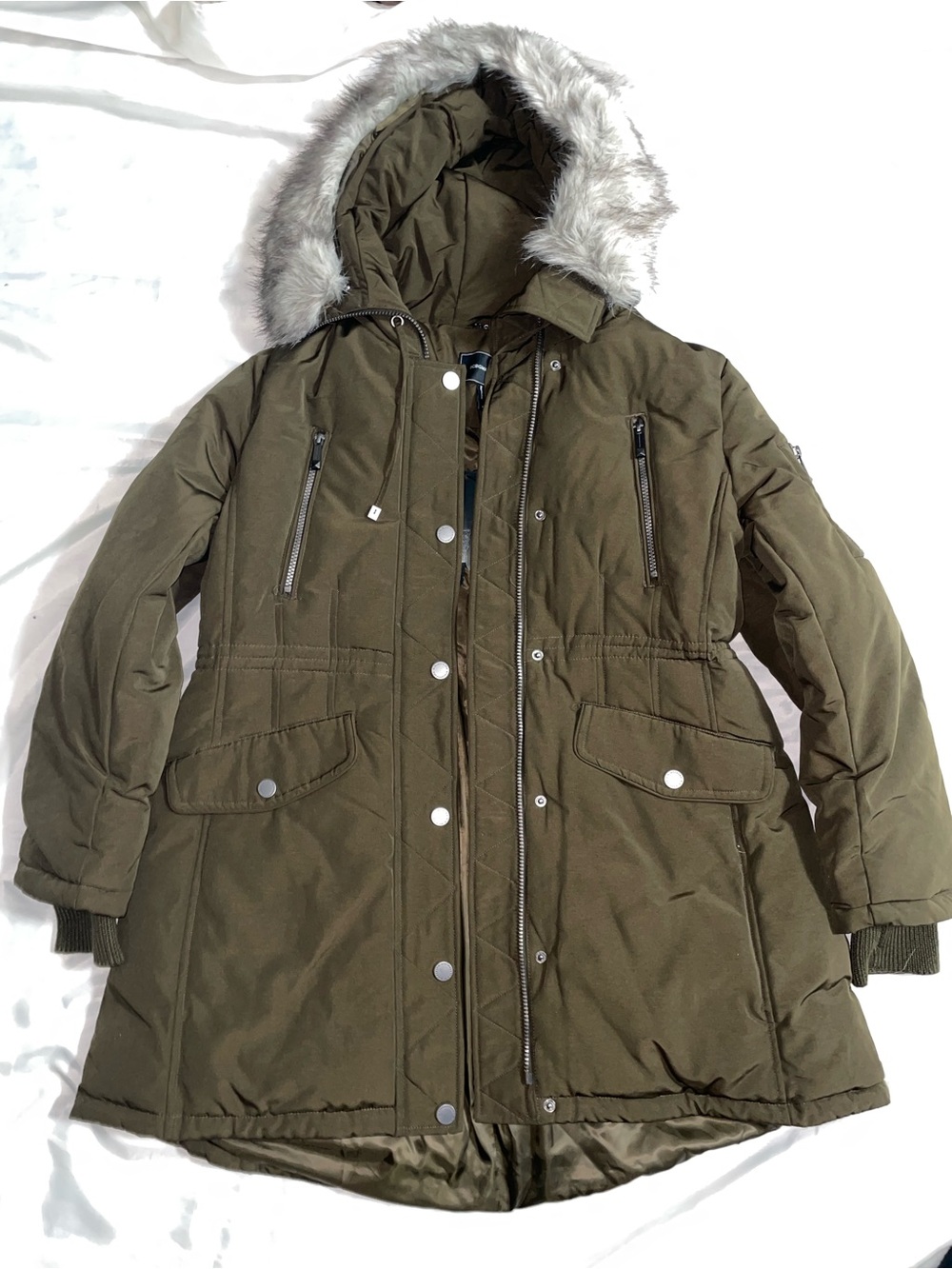 BCBGMaxAzria Olive Green Puffer Parka with Faux Fur Hood